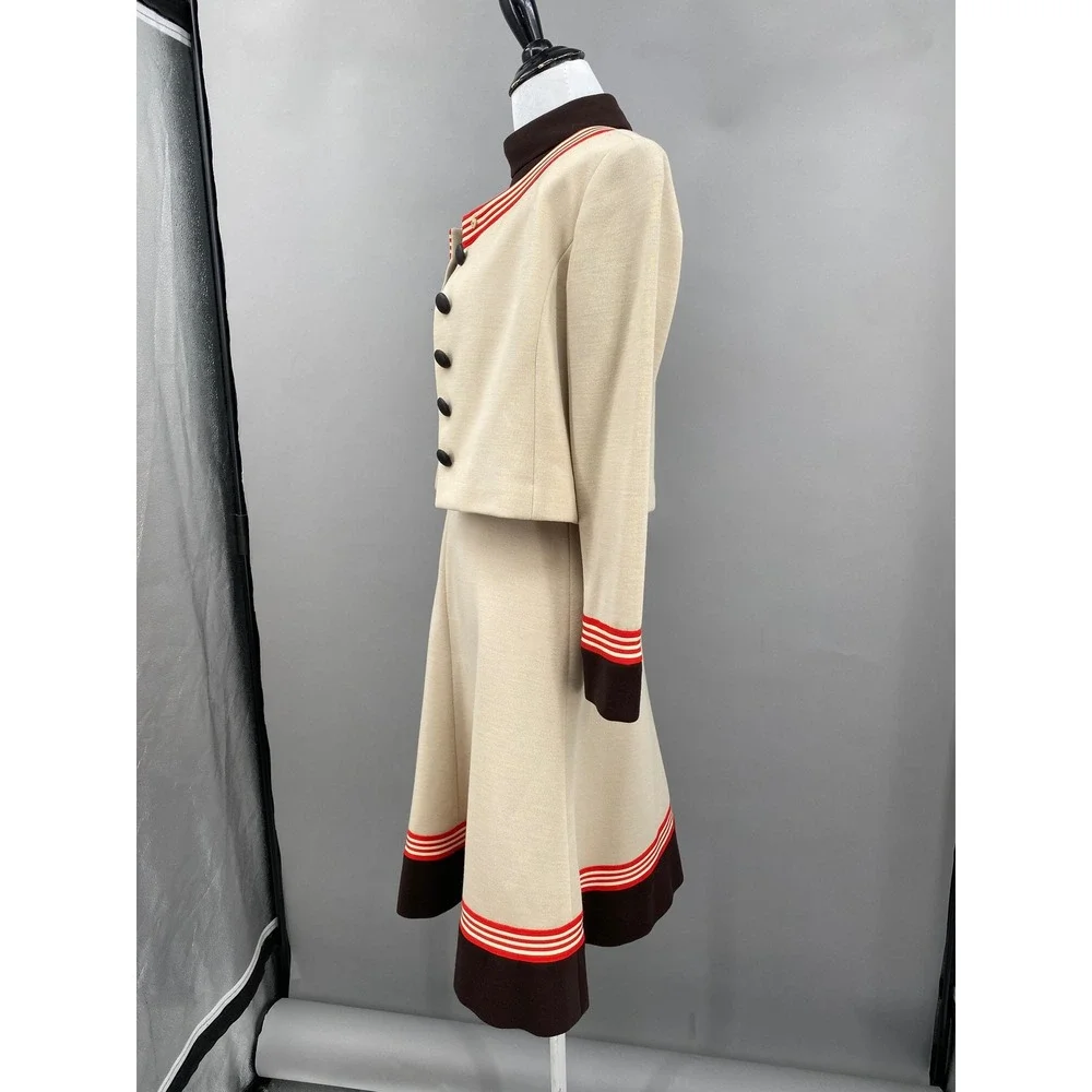 Vintage 70s Knit Dress Jacket Set Cream Chocolate Brown Mod A-Line Midi S/M